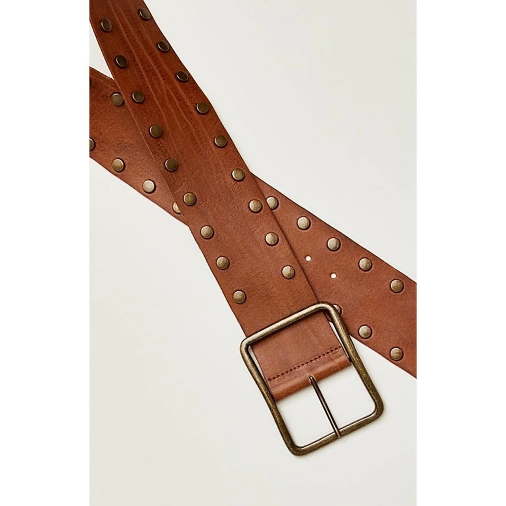 NWT Free People Brown Cognac & Brass Hex Hip Belt Size M/L Y2K